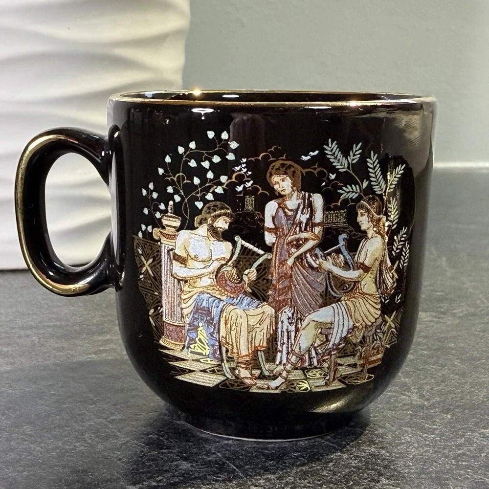 Fakiolas Black & 24K Gold Demitasse Cup and Saucer‎ Handmade In Greece EUC